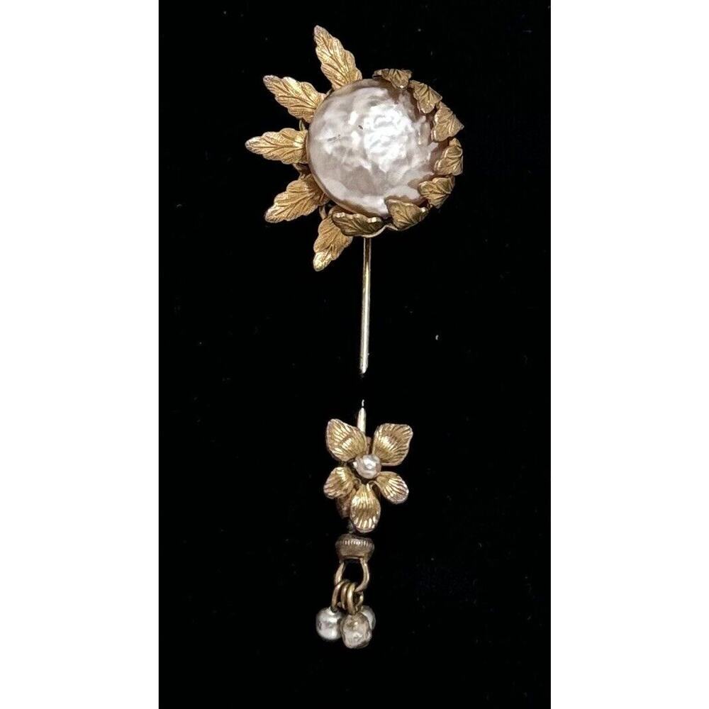 Vintage Miriam Haskell Signed Gold Tone Glass Pearl Sunflower Hat Stick Pin